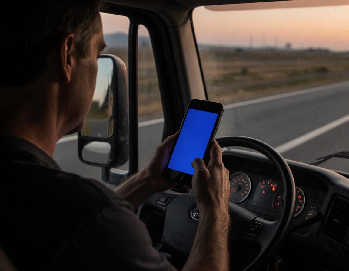 Transportista consultando el móvil en la cabina del camión al atardecer