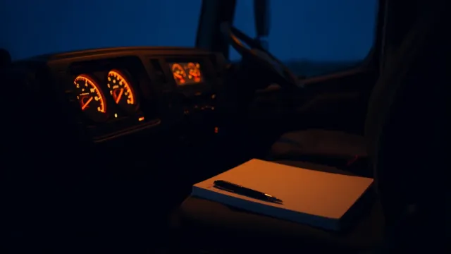 Cuadro de mandos de un camión iluminado en naranja de noche, con un cuaderno y un bolígrafo sobre el asiento