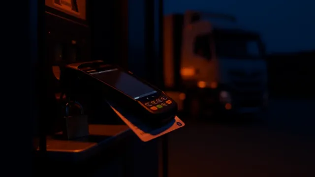 Tarjeta de gasoil introducida en un datáfono junto a un candado, con un camión desenfocado al fondo en una gasolinera de noche