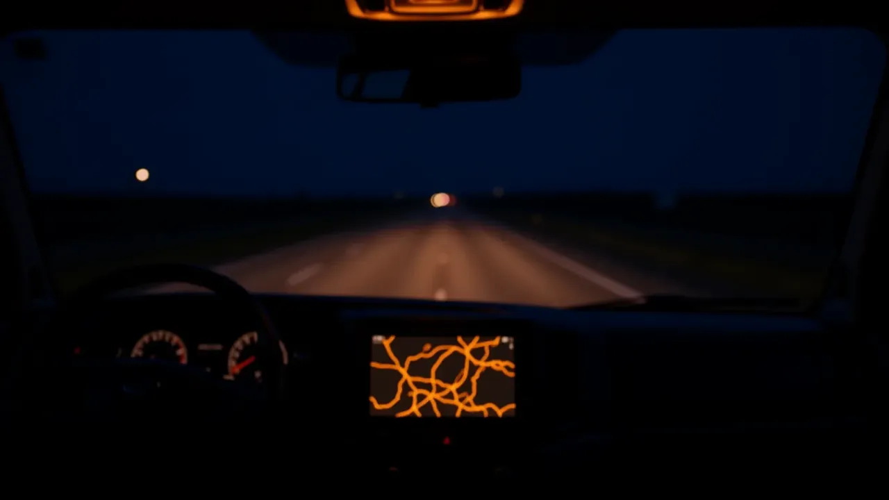 Cabina de camión de noche con una tablet en el salpicadero que muestra un mapa de ruta en naranja y la autopista vacía al frente