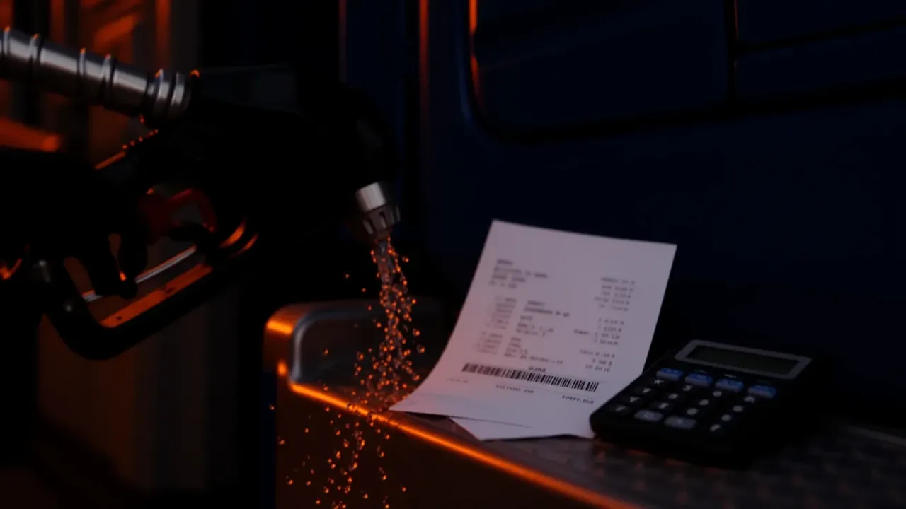 Manguera repostando gasóleo en el depósito de un camión, con un tique y una calculadora apoyados en el estribo