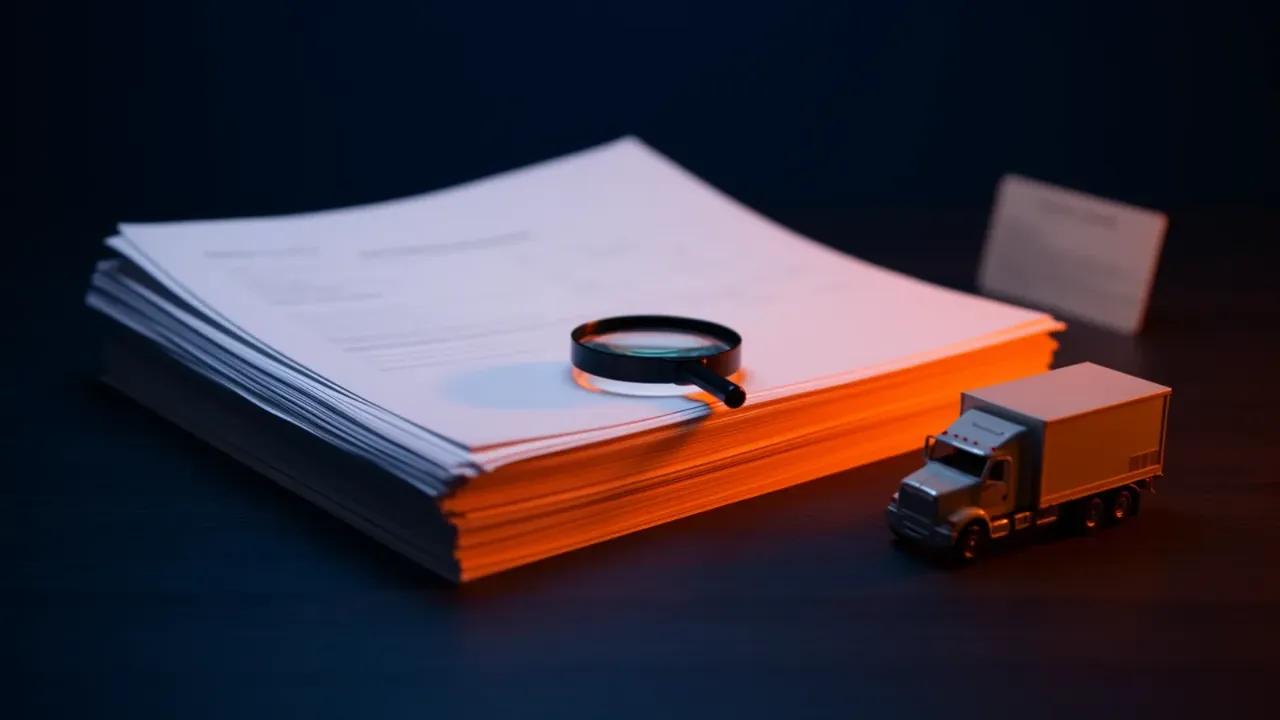 Pila de documentos oficiales con una lupa encima, un camión en miniatura y una tarjeta sobre una mesa de madera oscura