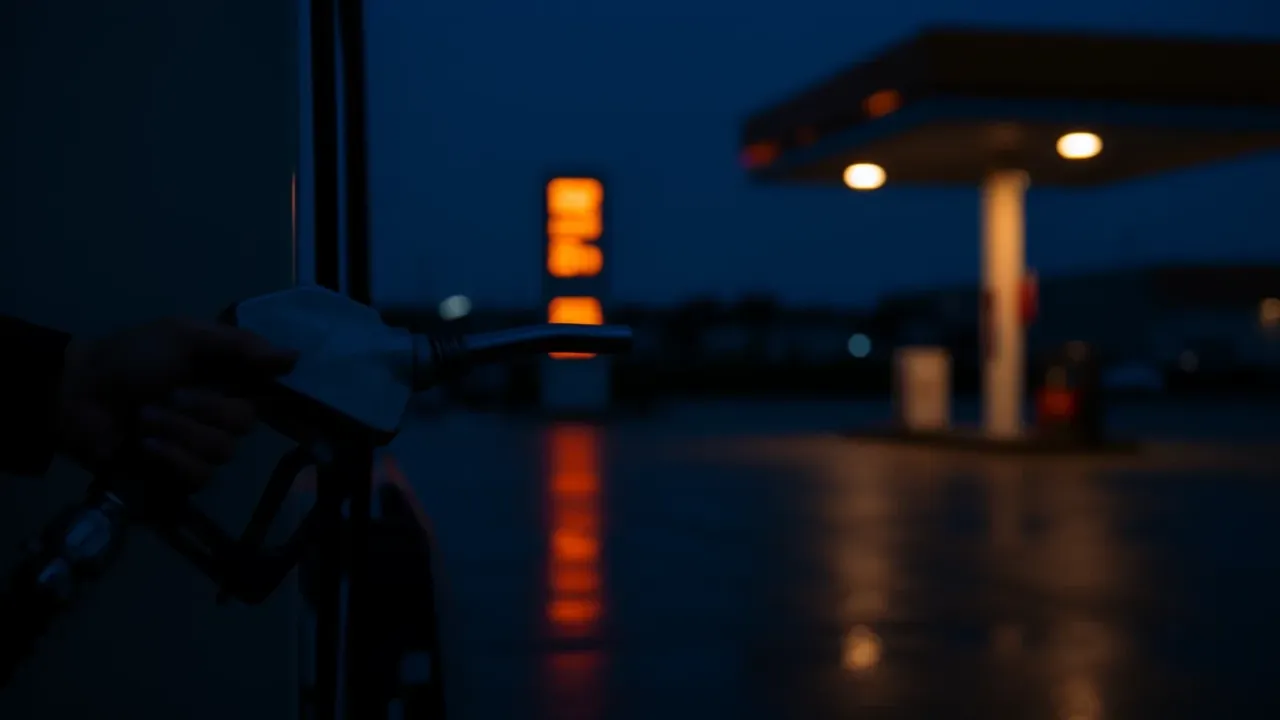 Mano sujetando la manguera de un surtidor de camiones al anochecer, con las luces naranjas de la gasolinera desenfocadas al fondo
